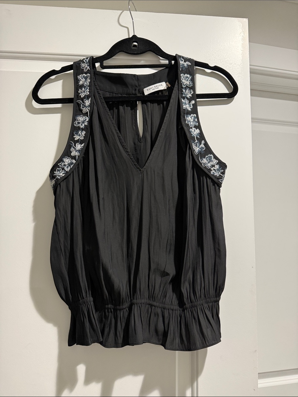 Ramy Brook Clara Black V-Neck Sleeveless Top with Embroidered Straps